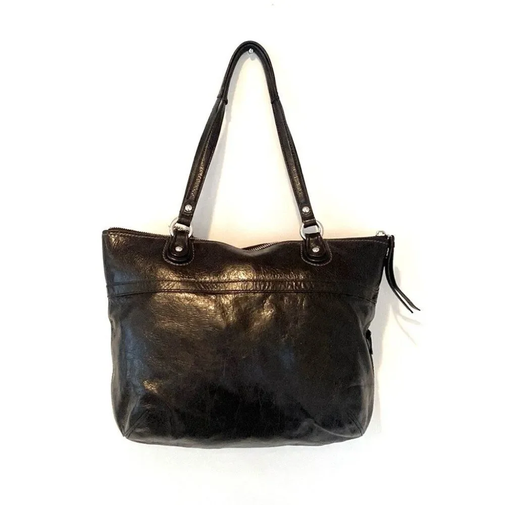 Coach Poppy Glam Glazed Black Leather Tote Shoulder Bag Versatile Office Casual